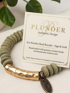 Plunder Eva Sage Wooden Bead Bracelet with Gold Hammered Accent